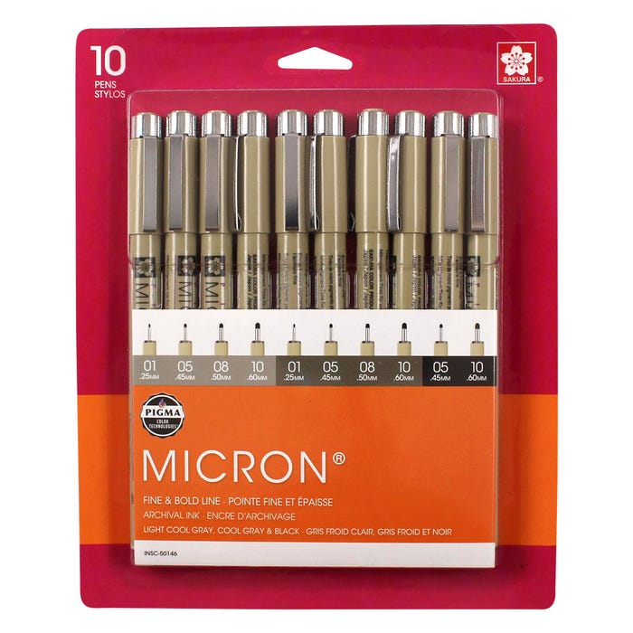 Sakura Pigma Micron Grays and Black, Assorted Nib Sizes, Set of 10