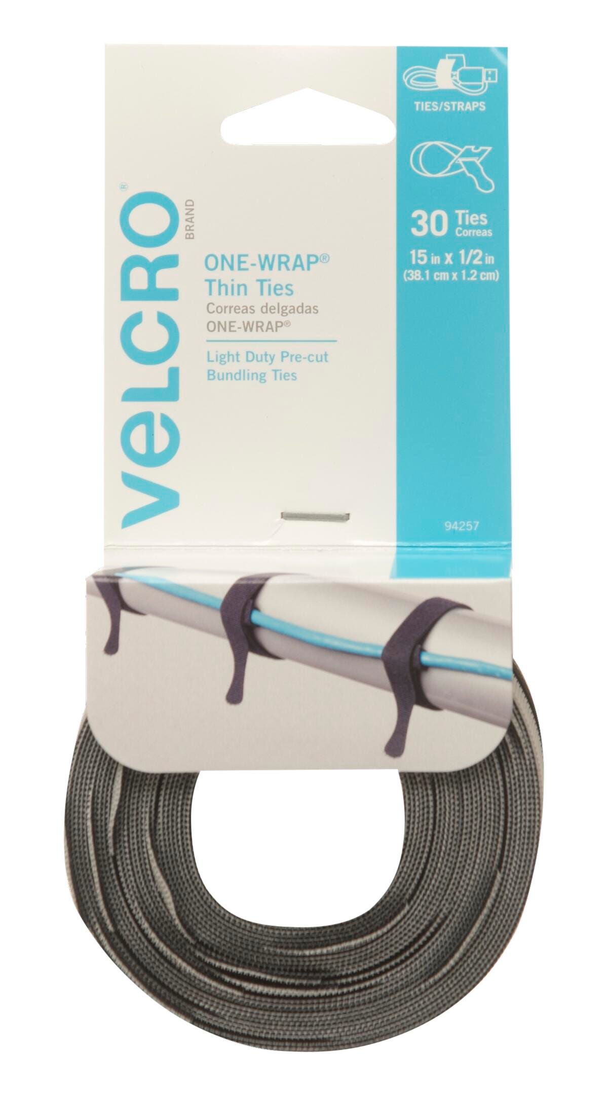 VELCRO Brand ONE-WRAP Thin Ties, 1/2 x 15 Inches, Black/Gray, Pack of 30 2128994