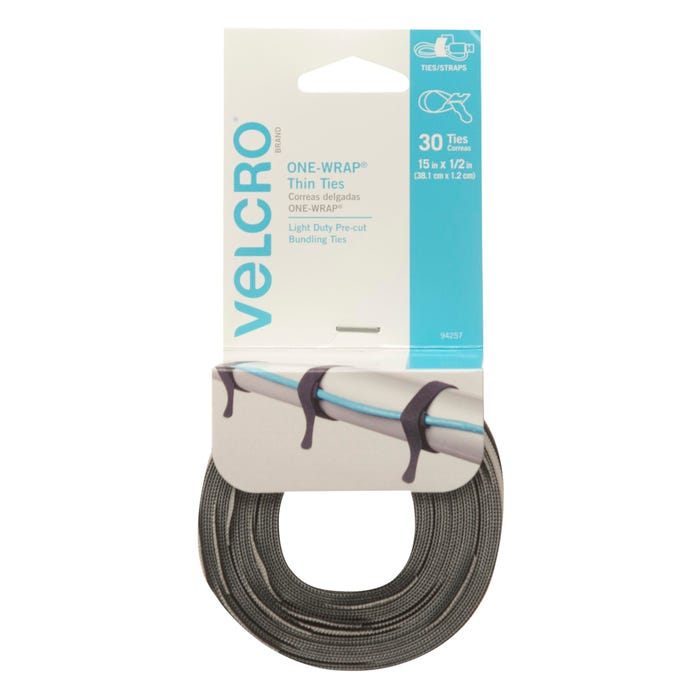 VELCRO Brand ONE-WRAP Thin Ties, 1/2 x 15 Inches, Black/Gray, Pack of 30