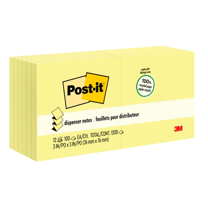 Post-it Pop-Up Recycled Paper Notes, 3 x 3 Inches, Canary Yellow, Pad of 100 Sheets, Pack of 12