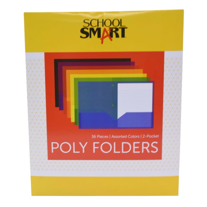 School Smart 2-Pocket Poly Folders, Letter Size, 3-Hole Punched, Assorted Colors, Set of 36