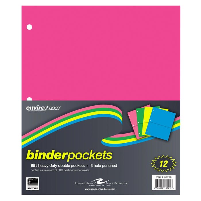 Enviroshades Binder Pockets, 9-1/4 x 11 Inches, Assorted Colors, Pack of 12