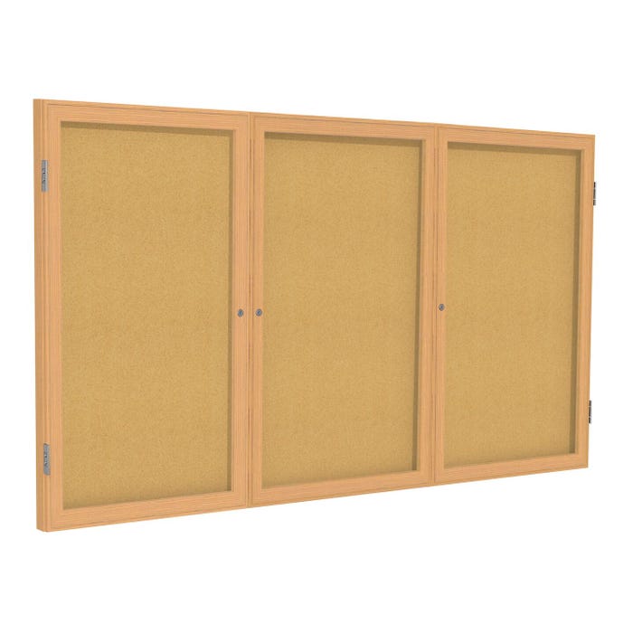 Ghent 3 Door Enclosed Natural Cork Bulletin Board with Oak Wood Frame, 3 x 6 feet