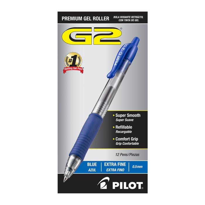 Pilot G2 Premium Retractable Gel Ink Rolling Ball Pen, Extra Fine Point, Blue Ink, Pack of 12