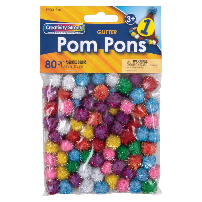 Creativity Street Glitter Pom, 1/2 in, Assorted Color, Set of 80