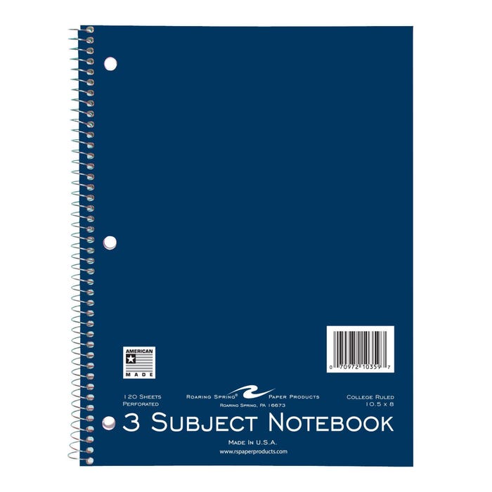 Roaring Spring 3 Subject Notebook, 10-1/2 x 8 Inches, 120 Sheets, College Ruled, Assorted Colors