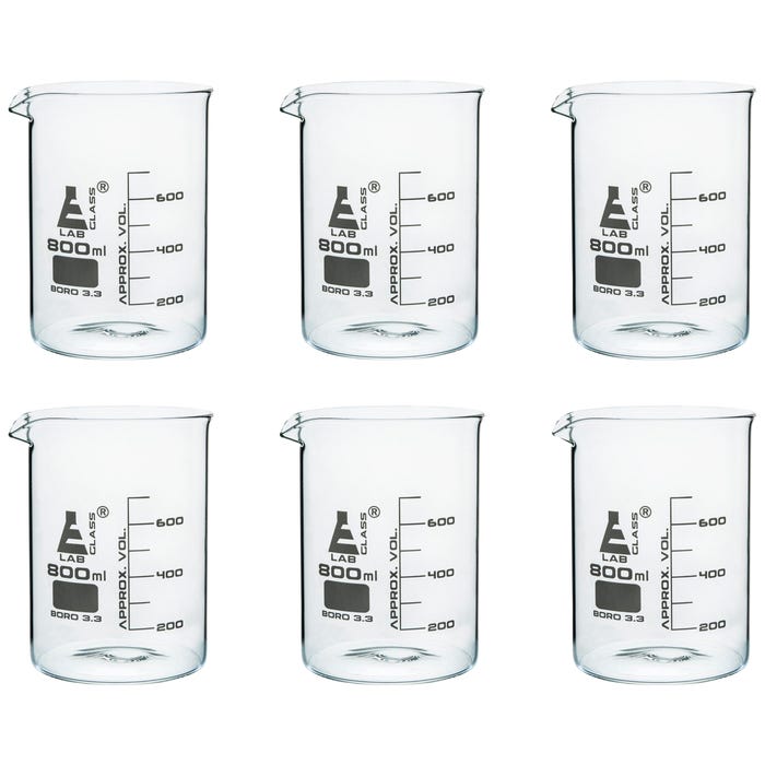 Eisco 800mL Borosilicate Glass Beakers with Spout, Low Form, Pack of 6