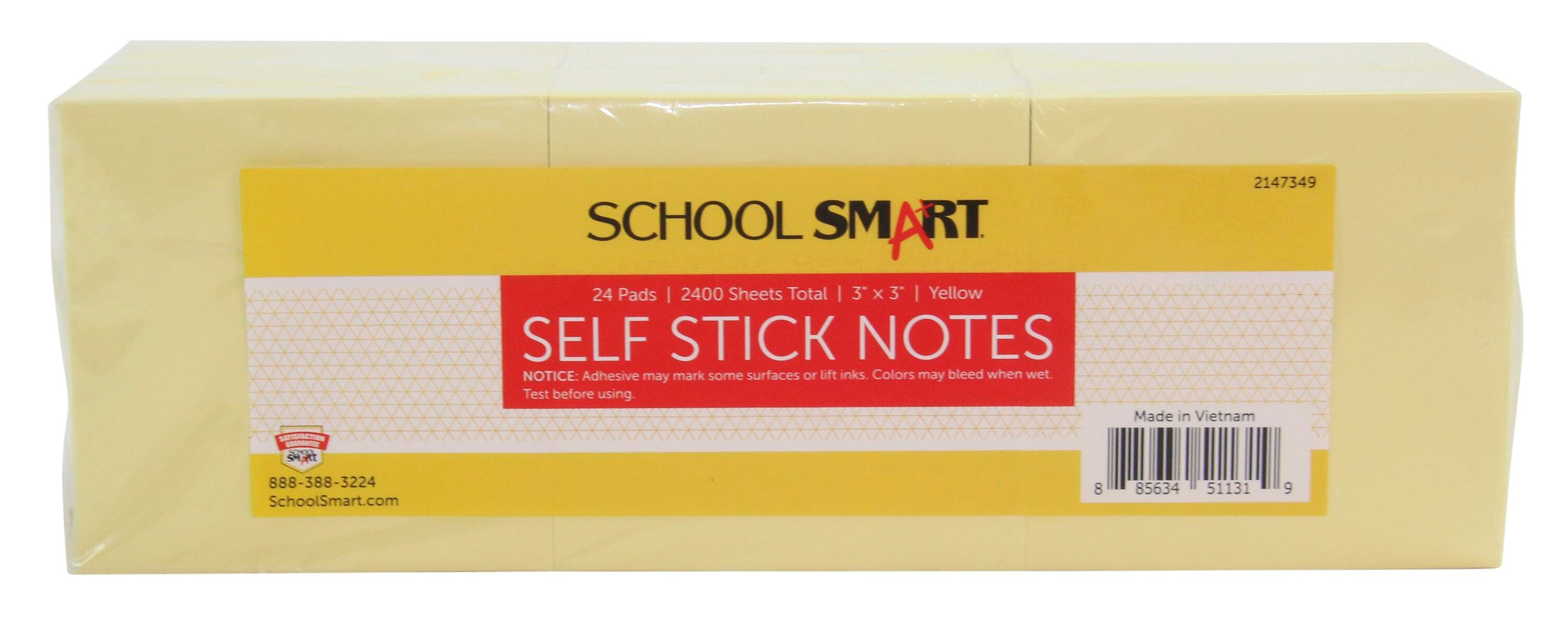 School Smart Removable Self-Stick Adhesive Notes, 3 x 3 Inches, Yellow, 100 Sheets/Pad, Pack of 24 2147349