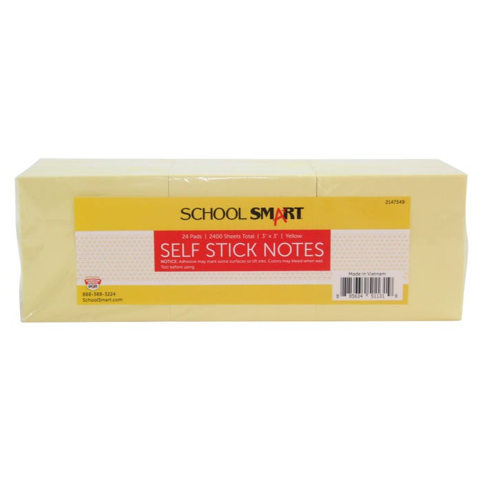 School Smart Removable Self-Stick Adhesive Notes, 3 x 3 Inches, Yellow, 100 Sheets/Pad, Pack of 24