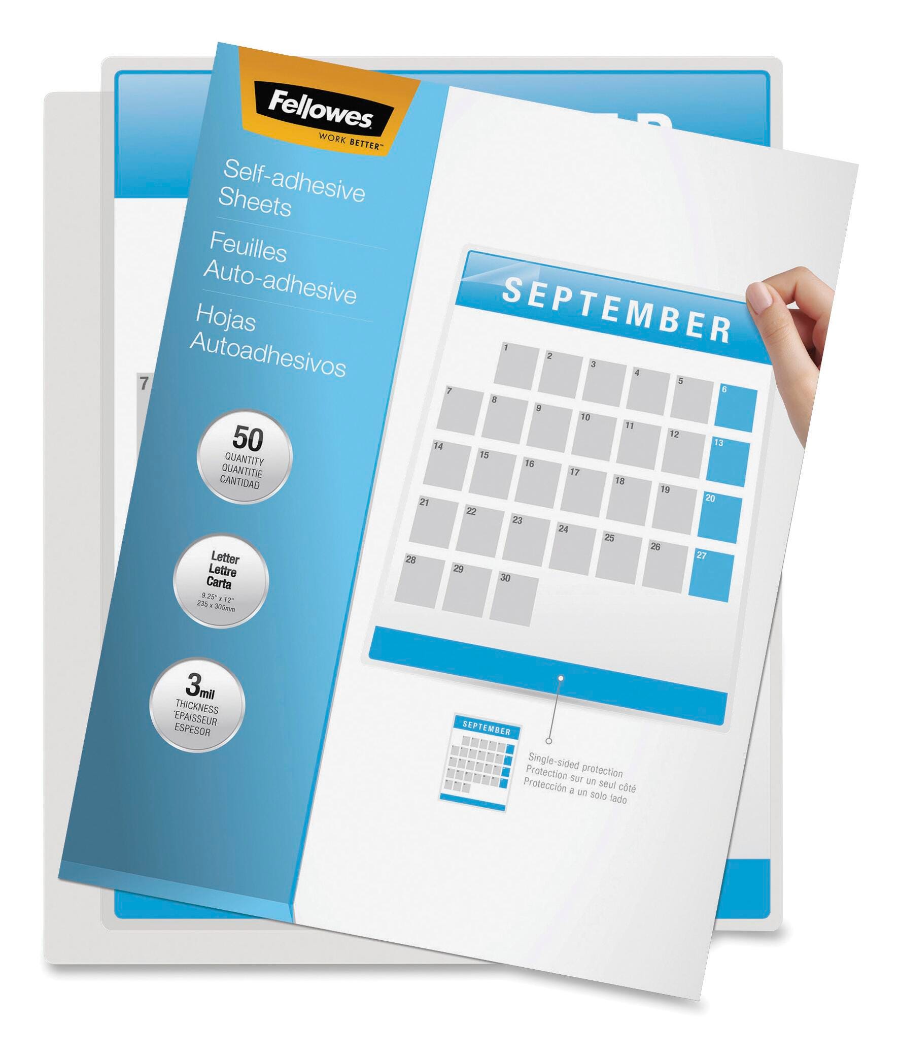 Fellowes Self-Adhesive Laminating Sheet, 9-1/4 x 12 Inches, Clear, Pack of 50, Item Number 1407047