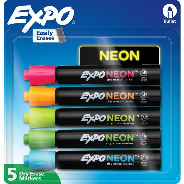 EXPO Dry Erase Markers, Bullet Tip, Assorted Neon Colors, Set of 5