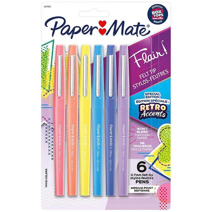 Paper Mate Flair Felt Tip Pens, Medium Point, 0.7 mm, Assorted Special Edition Retro Accents, Set of 6