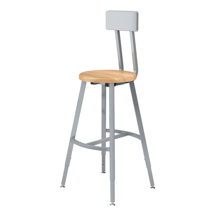 National Public Seating Titan Stool, Wood Seat, 24-32 Inch Adjustable Height, Backrest, Gray Frame