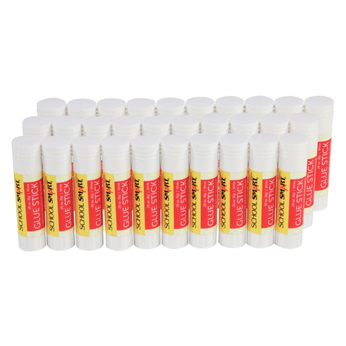 School Smart Glue Sticks, 0.28 Ounces, White and Dries Clear, Pack of 30