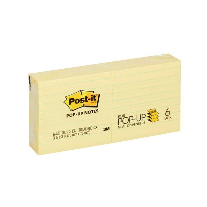 Post-it Lined Pop-Up Notes, 3 x 3 Inches, Canary Yellow, Pad of 100 Sheets, Pack of 6