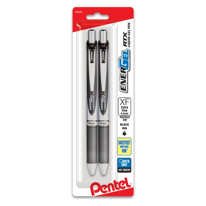 Pentel EnerGel RTX Retractable Liquid Gel Pen, 0.3 mm Needle Tip, Black Ink, Pack of 2