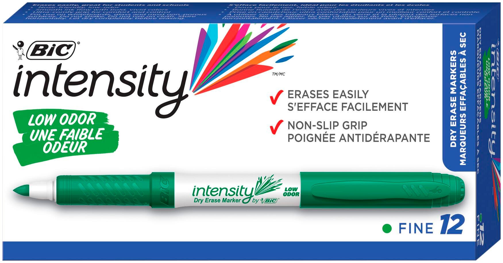 BIC Intensity Low Odor Dry Erase Markers, Fine Tip, Green, Pack of 12 1329775