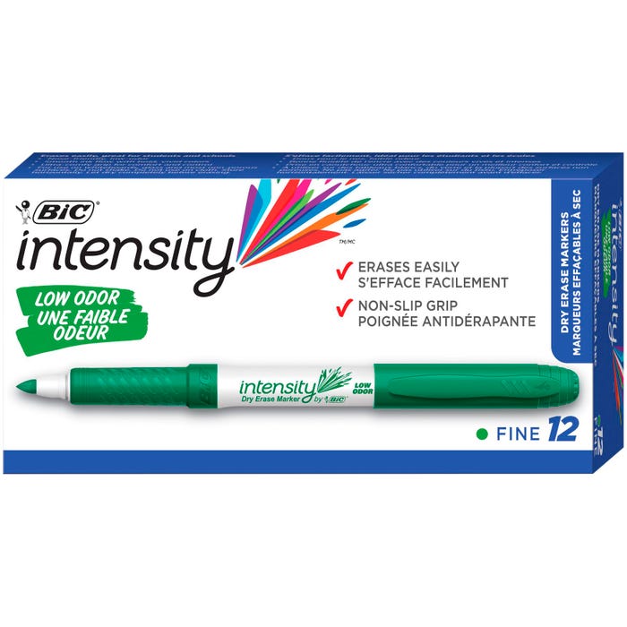 BIC Intensity Low Odor Dry Erase Markers, Fine Tip, Green, Pack of 12