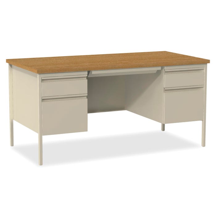Lorell Putty Oak Laminate Fortress Series, Double Pedestal Desk, 60 x 30 x 29-1/2 Inches, Oak/Putty