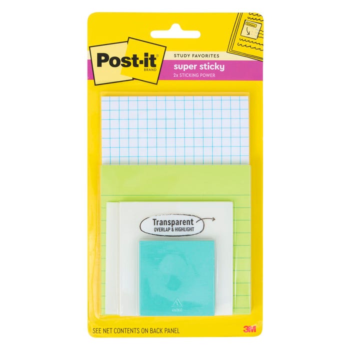 Post-it Super Sticky Notes Study Pack, Assorted Sizes, Set of 4