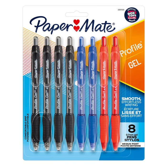 Paper Mate Profile Retractable Gel Pens, Medium Point, 0.7 mm, Assorted Colors, Set of 8