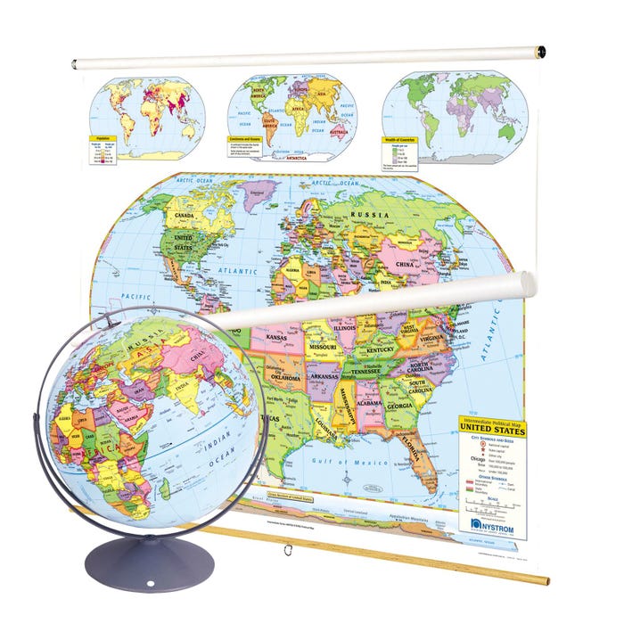 Nystrom Political U.S. and World Combo Map Classroom Pack with Globe