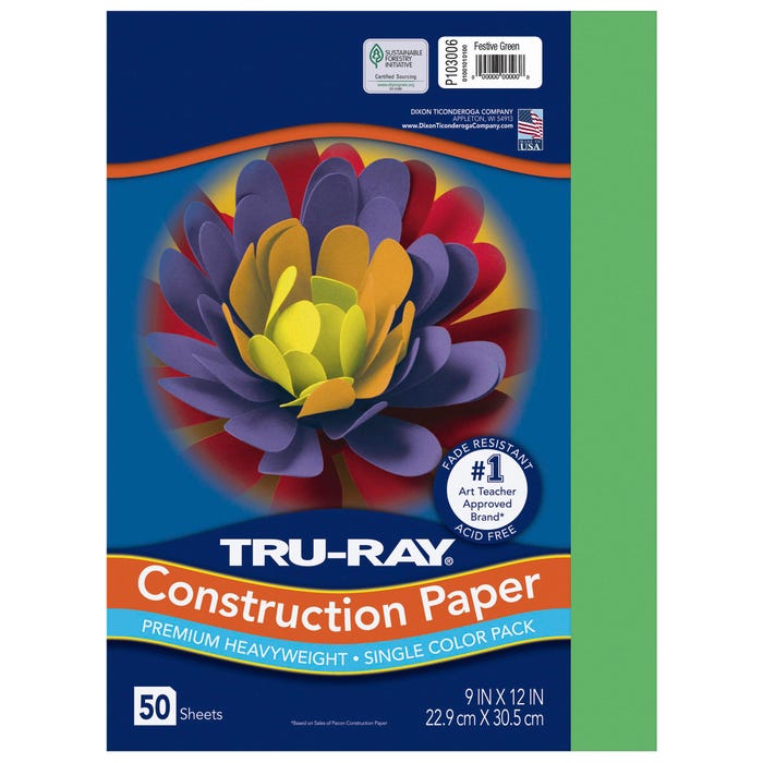 Tru-Ray Sulphite Construction Paper, 9 x 12 Inches, Festive Green, 50 Sheets