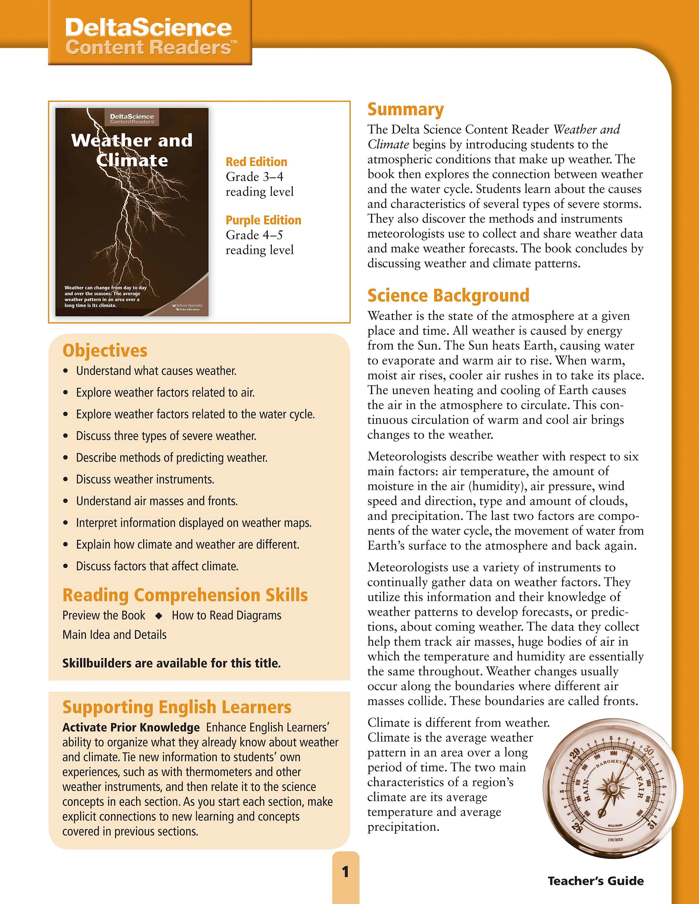 Delta Science Content Readers Weather and Climate Red and Purple Teacher's Guide, Item Number 1278162