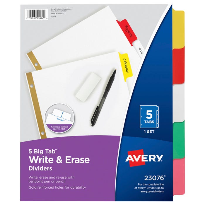Avery 23076 Big Tab Write and Erase Dividers, 5 Tab, 8-1/2 x 11 Inches, Multi-Color