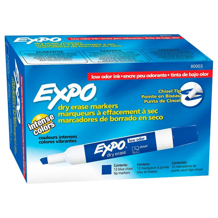 EXPO Low Odor Dry Erase Markers, Chisel Tip, Blue, Pack of 12