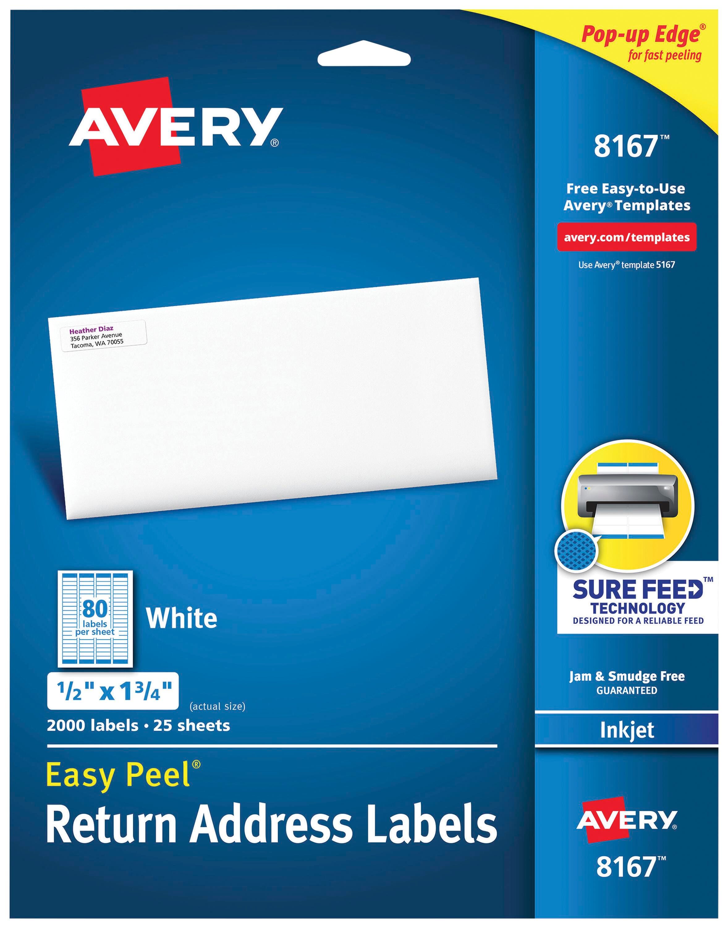 Image for Avery Easy Peel Return Address Labels, Inkjet, 1/2 x 1-3/4 Inches, Pack of 2000 from School Specialty