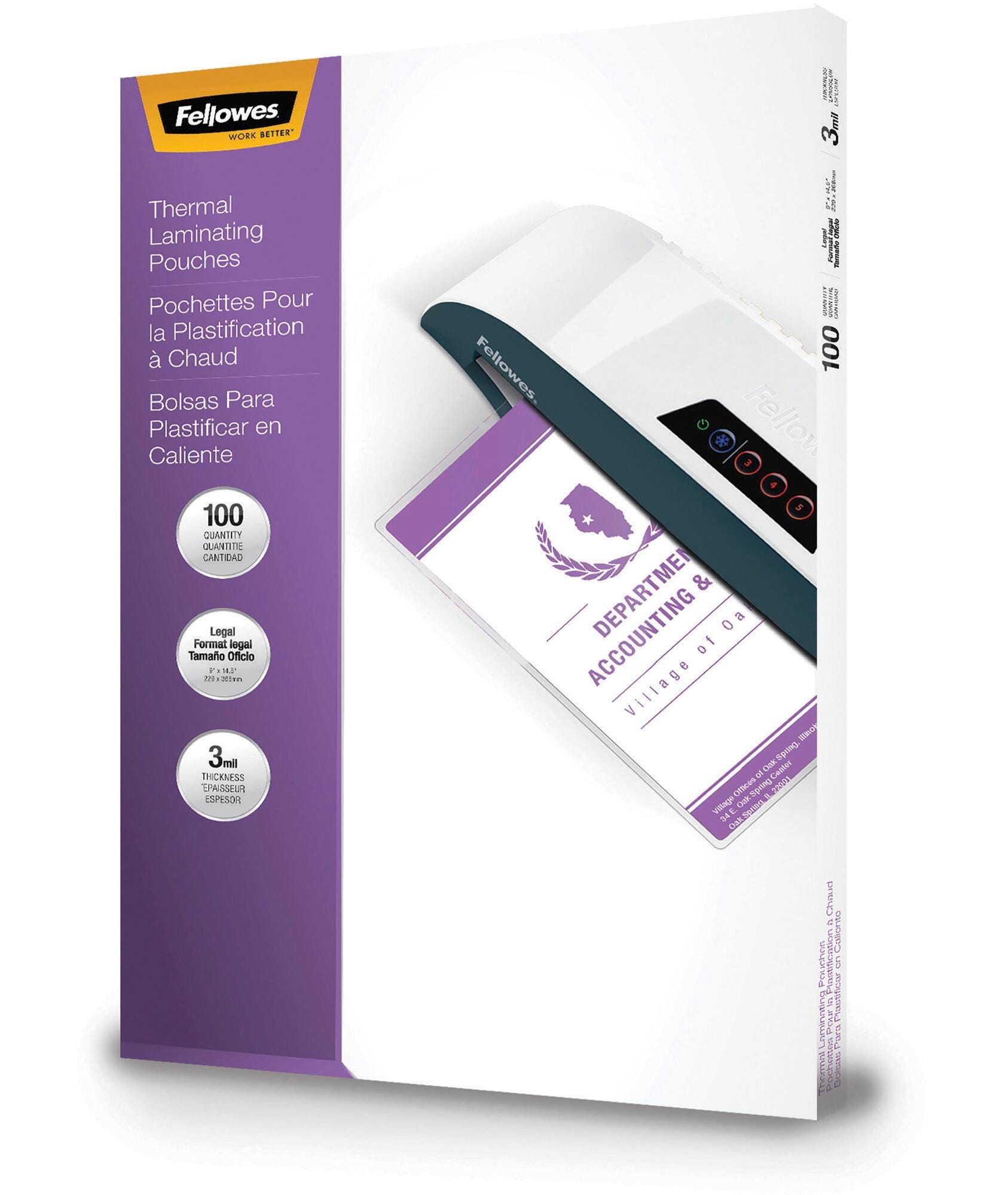 Fellowes Laminating Pouches, Legal, 3 mil Thickness, Pack of 100, Item Number 1501184
