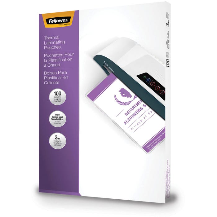 Fellowes Laminating Pouches, Legal, 3 mil Thickness, Pack of 100