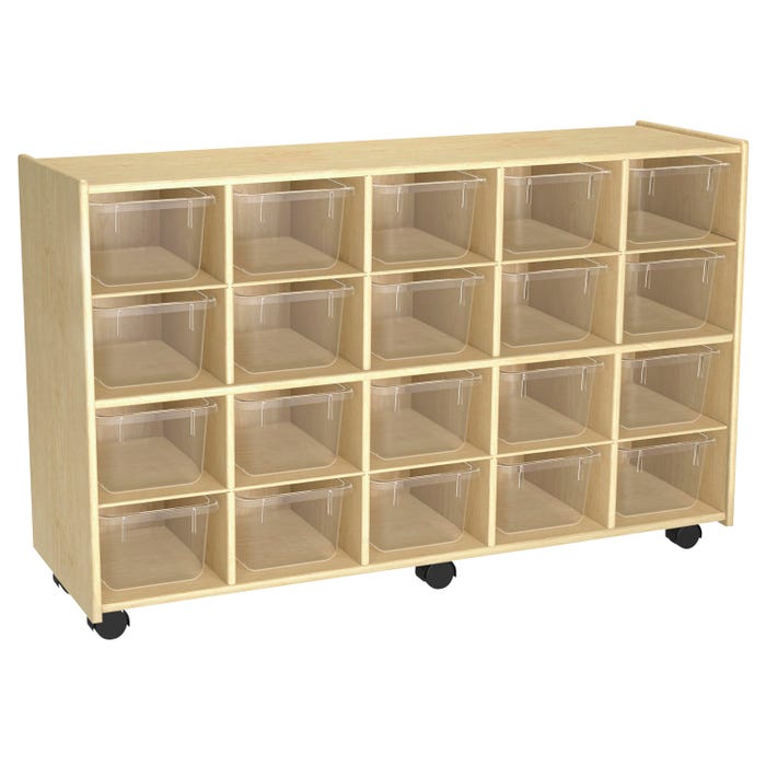 Childcraft Mobile Cubby Unit with Locking Casters, 20 Clear Bins, 47-3/4 x 14-1/4 x 30 Inches