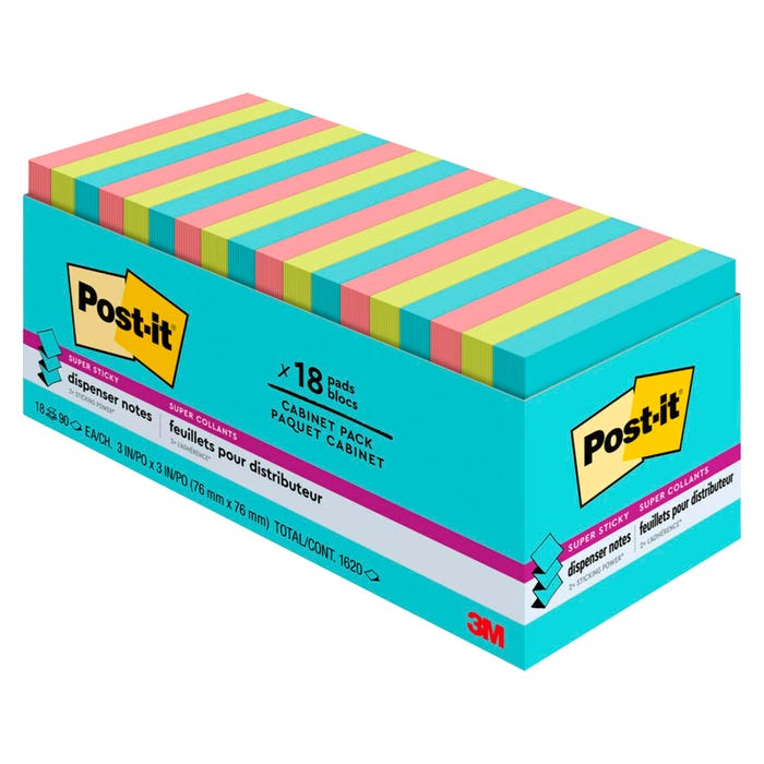 Post-it Super Sticky Adhesive Note, 3 x 3 Inches, Supernova Neons, 18 Pads, 90 Sheets Each