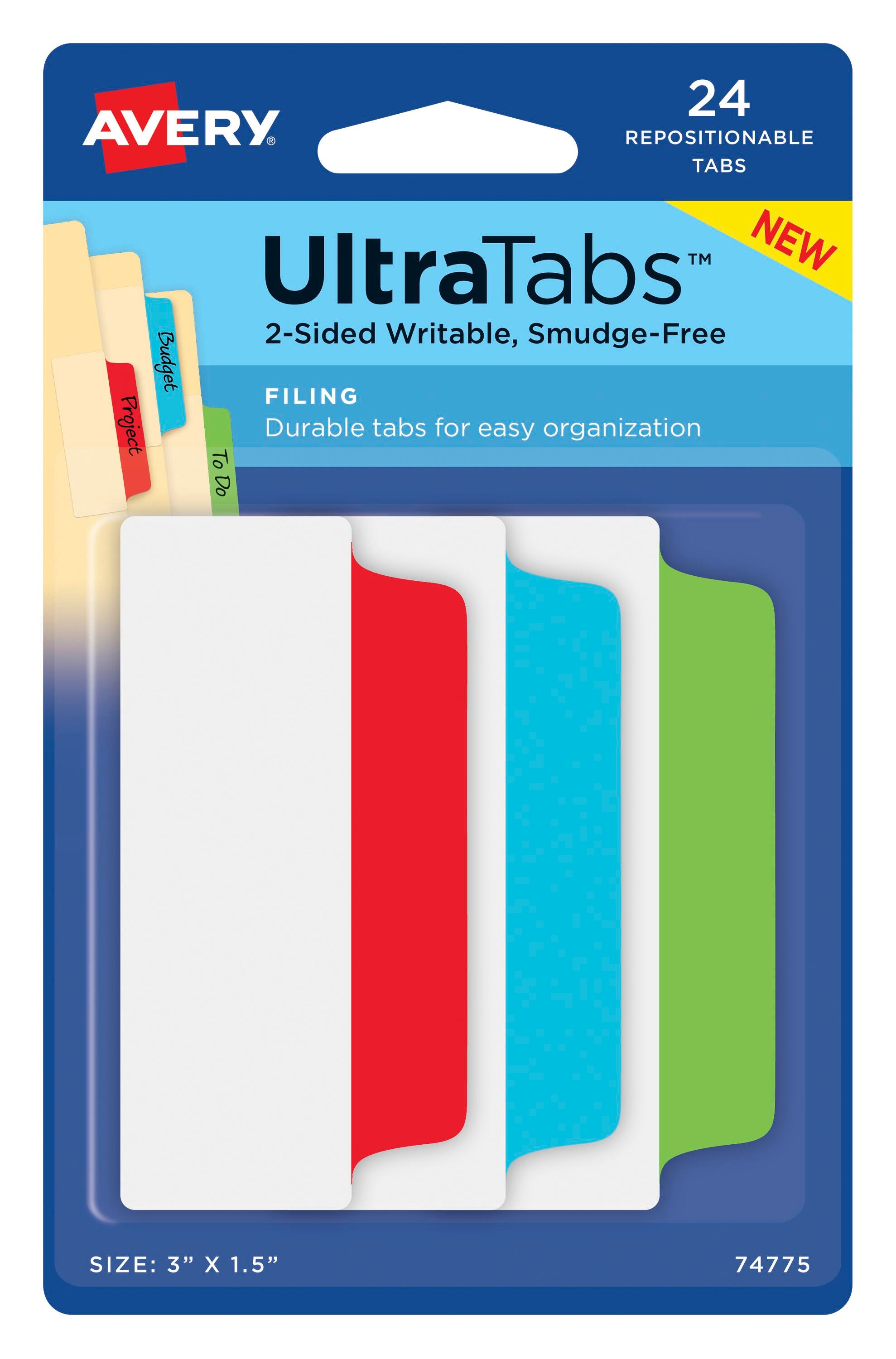 Avery Repositionable UltraTabs, 3 x 1-1/2 Inches, Assorted Primary Colors, Pack of 24 2006214