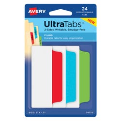 Avery Repositionable UltraTabs, 3 x 1-1/2 Inches, Assorted Primary Colors, Pack of 24 2006214