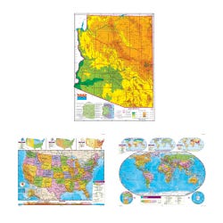 Social Studies ARIZONA/U.S./WORLD MAP COMBO, Markable, Erasable, Grades 4-12