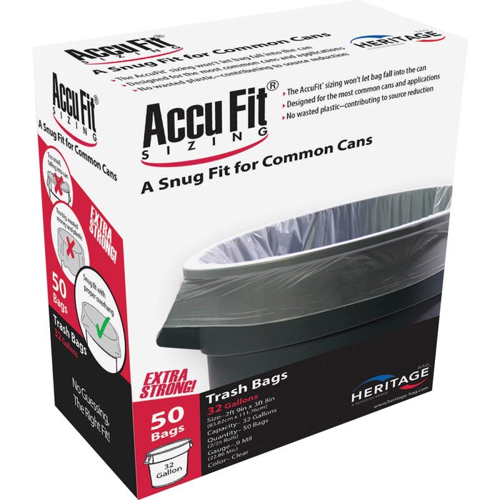 Heritage Low Density Can Liners, 32 Gallon, 0.90 mil, Clear, 50 Count Box