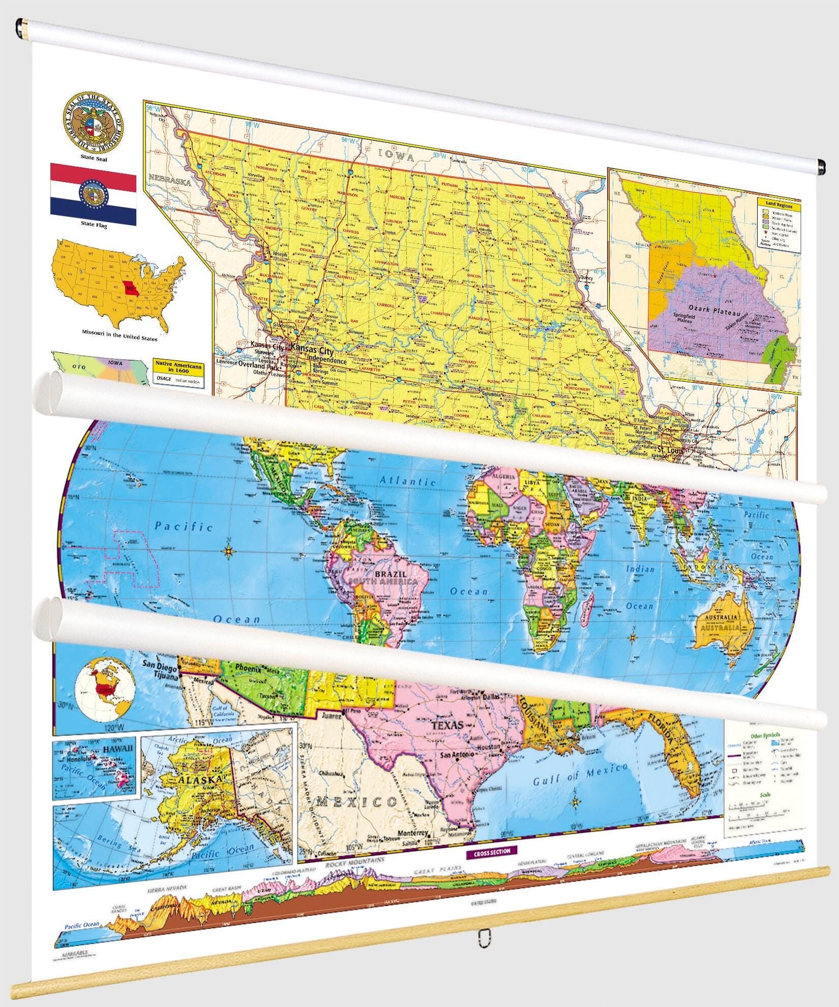 Social Studies MISSOURI/U.S./WORLD MAP COMBO, Markable, Erasable, Grades 4-12, Item Number 1566314