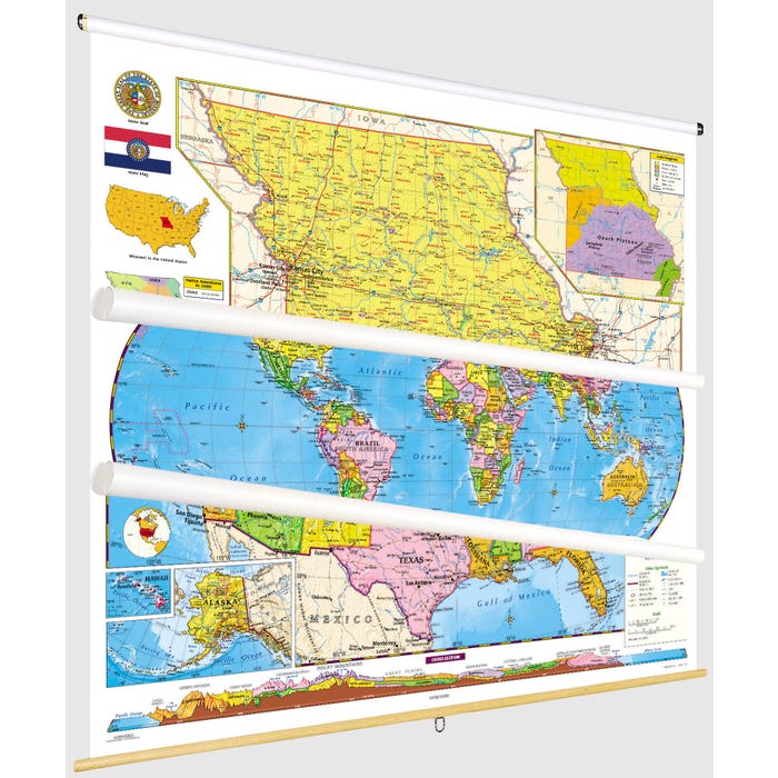 Social Studies MISSOURI/U.S./WORLD MAP COMBO, Markable, Erasable, Grades 4-12