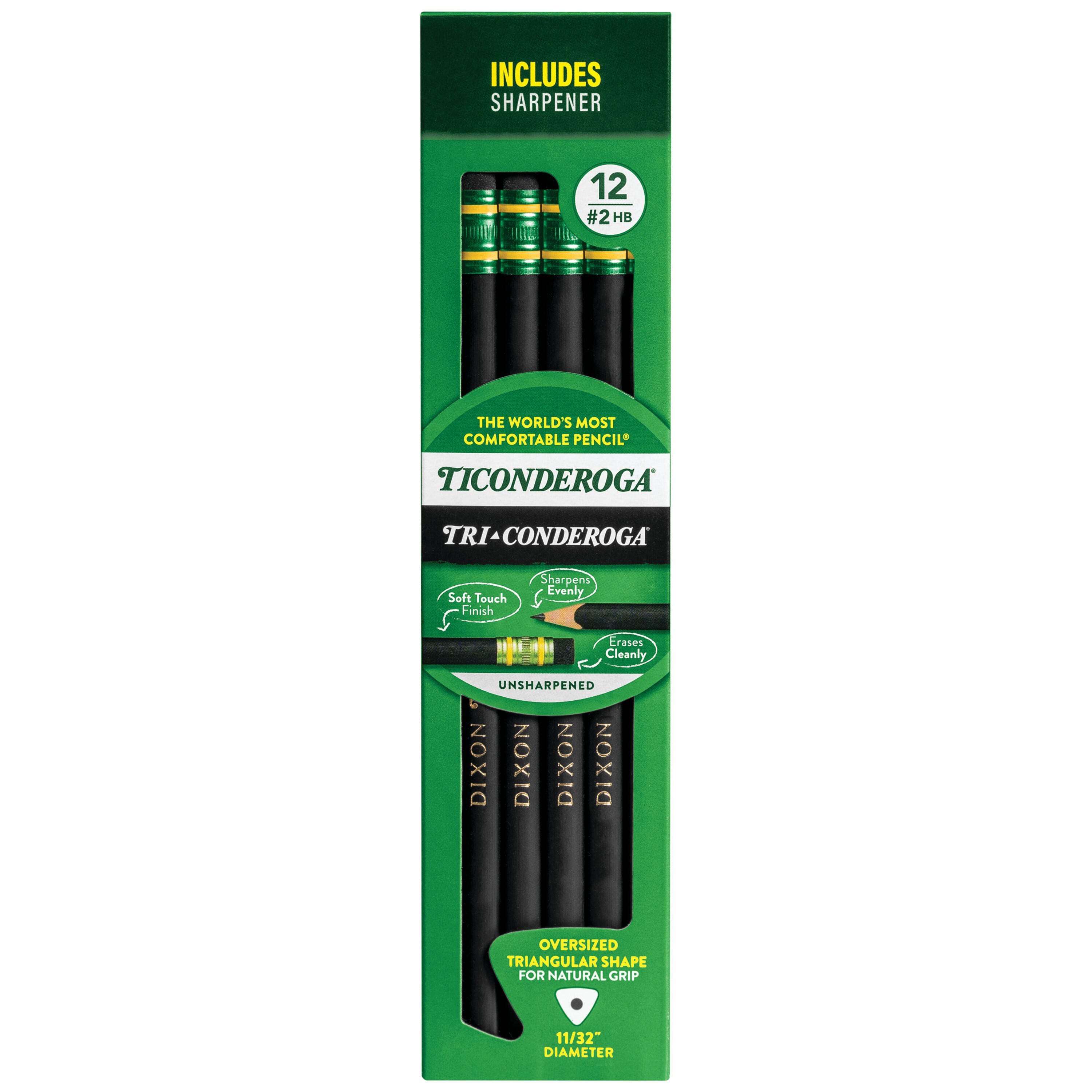 Ticonderoga Tri-Write Triangular Pencils with Erasers, No 2 Tip, Black, Pack of 12 081985