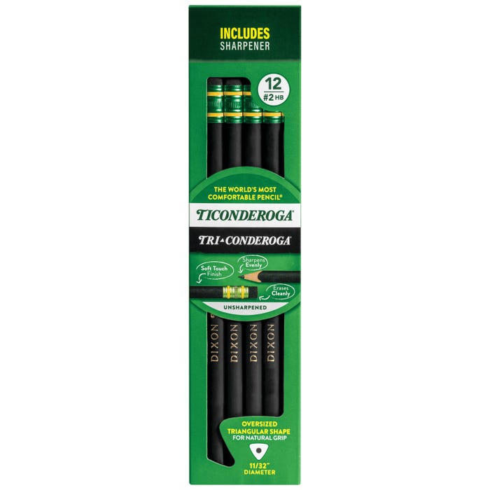 Ticonderoga Tri-Conderoga Triangular Pencils, No 2 HB, Unsharpened, Black, Pack of 12