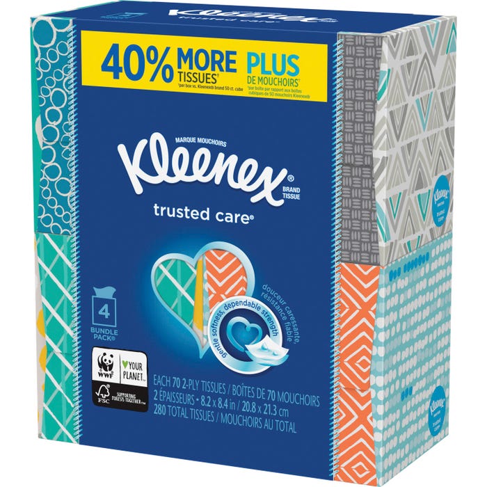 Kleenex Trusted Care Tissues, 2-Ply, 70 Tissues Per Box, Pack of 4 Boxes