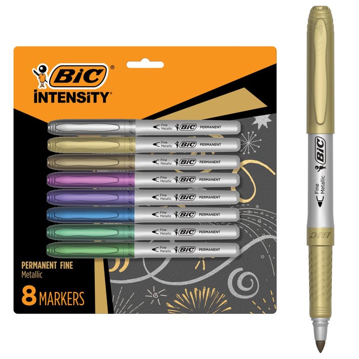 BIC Intensity Permanent Metallic Marker, Fine Tip, Assorted Colors, Set of 8