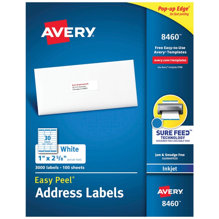Avery Easy Peel Address Labels, Inkjet, 1 x 2-5/8 Inches, Pack of 3000