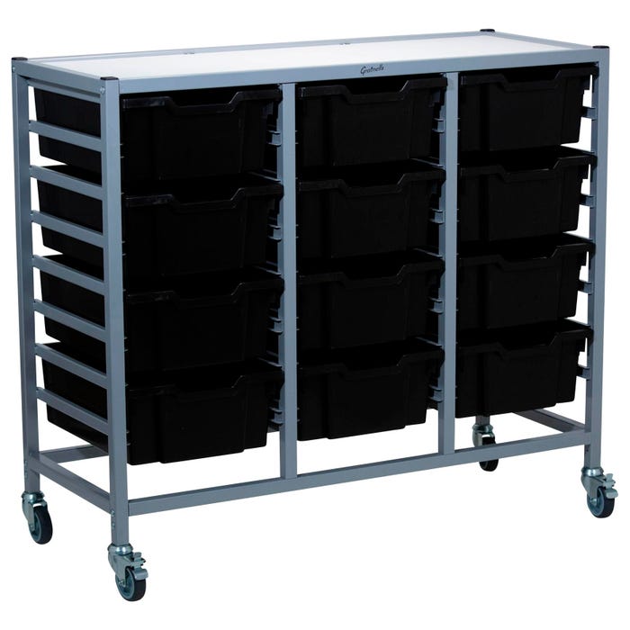 Gratnells Dynamis Triple Cart, 12 Shallow F1 Trays, 41-1/2 x 16-3/5 x 33-1/2 Inches