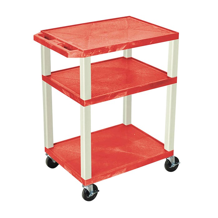 Luxor 3-Shelf Tuffy Cart With Power, Red Shelves, Putty Legs, 24 x 18 x 34 Inches