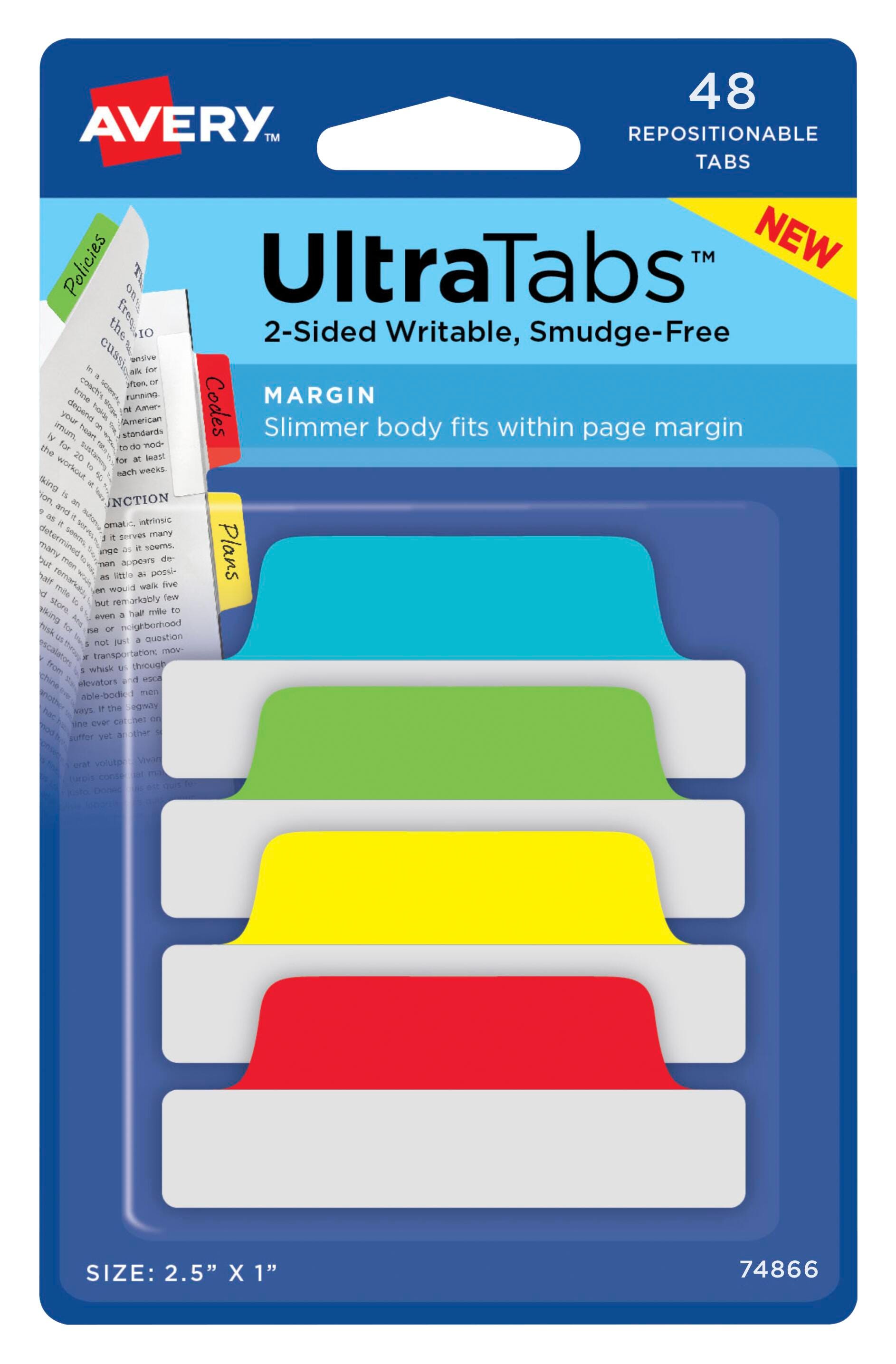 Avery Repositionable UltraTabs, 2-1/2 x 1 Inches, Assorted Primary Colors, Pack of 48 2006220