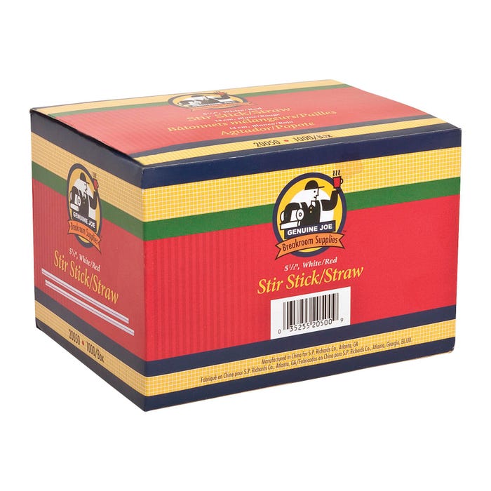 Genuine Joe Stir Sticks/Straw for Hot/Cold Applications, 5-1/2 in Long, Plastic, White/Red, Pack of 1000